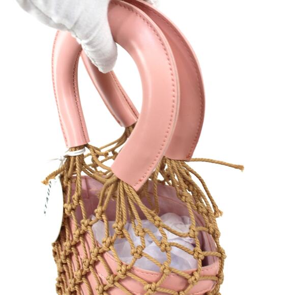 Staud Moreau Macrame Bucket Bag NEW Pink Tan Net Leather Handbag Open Top - Picture 3 of 7